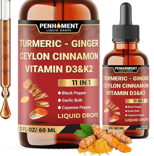 11in1 Liquid Turmeric Curcumin with Vitamin D3, Vitamin K2, Ginger, Ceylon Cinnamon, Berberine Extract, Garlic, Black Pepper - Drops Extract - 60ml - 2 Month Supply