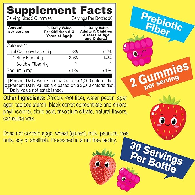 Sugar Free Fiber Gummies for Kids (4g)| Digestive Supprt |Prebiotic Fiber Supplement | 60 Count