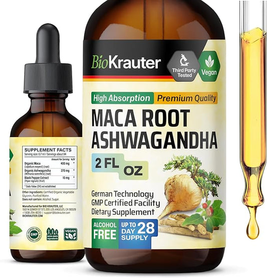 BIO KRAUTER Maca Root and Ashwagandha Tincture - Maca & Ashwagandha Supplements for Men & Women - Liquid Supplement for Mood Support - Alcohol and Sugar Free - Vegan Drops 2 Fl.Oz.