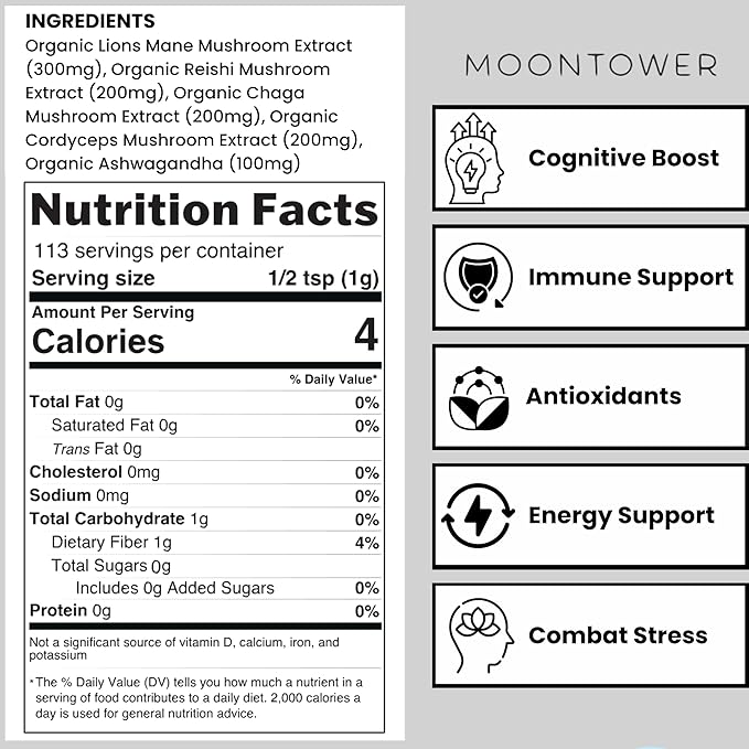 Organic Mushroom Extract Blend - Mushroom Blend Powder with Lion's Mane, Reishi, Chaga, Cordyceps & Ashwagandha - Sugar-Free Immune Support, 113 Servings