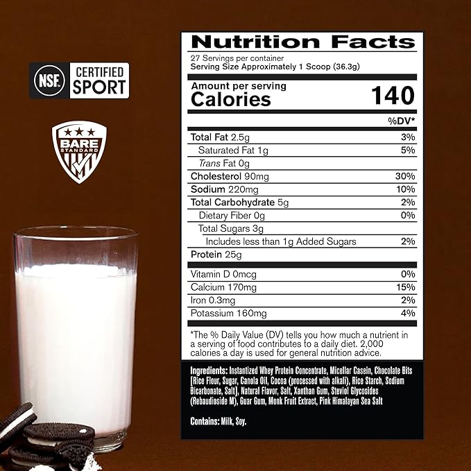 BARE PERFORMANCE NUTRITION, BPN Whey Protein + Casein Protein Powder Blend, Milk N' Cookies, 25g Protein per Serving Supports Lean Muscle Recovery, 27 Servings, Third Party Tested