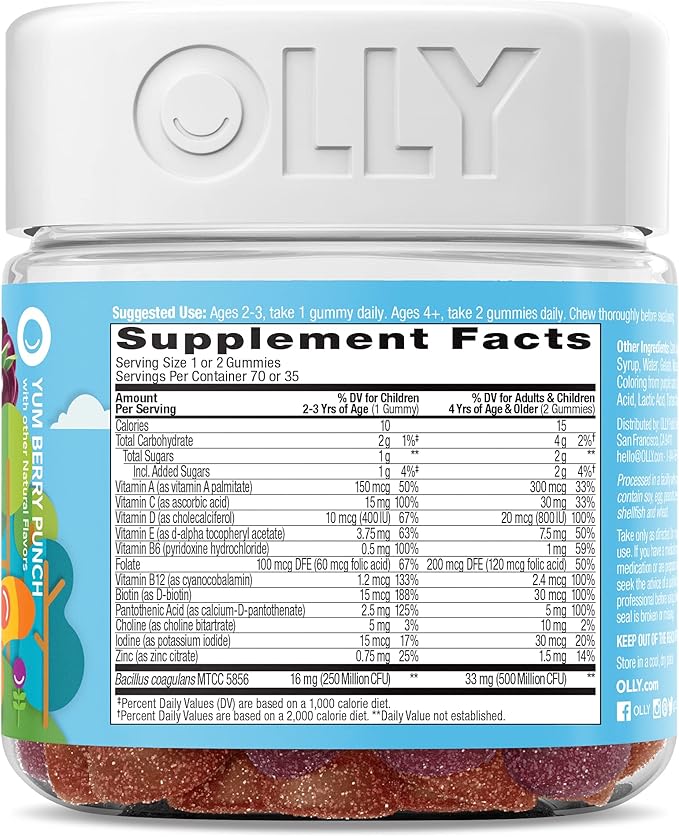 OLLY Gift, Family 2 Pack: Women's Multivitamin Gummy (90 Count), Kids Multivitamin + Probiotic Gummy (70 Count), Vitamins A, D, C, E, B, Chewable Supplement, Blissful Berry, Yum Berry Punch, 160 Count