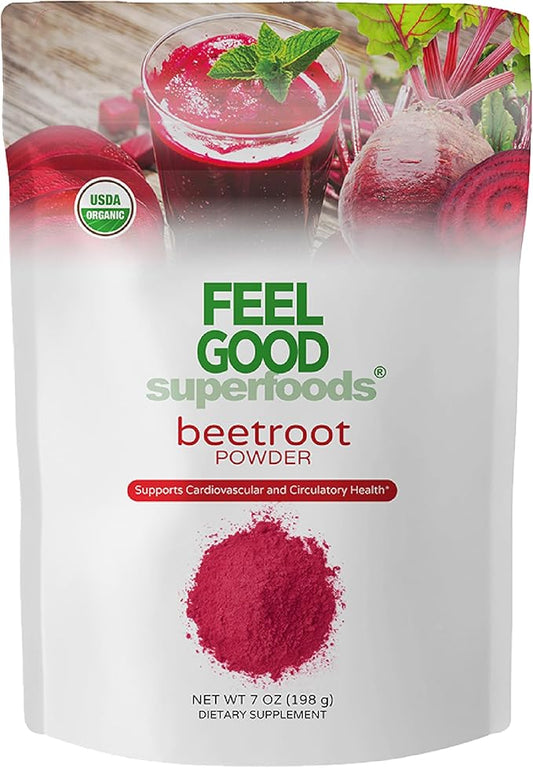 Feelgood Superfoods Fortified Organic Beetroot Powder - Nitric Oxide Booster for Cooking and Smoothies - Pure Beets with 10:1 Beet Root Extract - Supports Cardiovascular and Circulatory Health - 7 oz