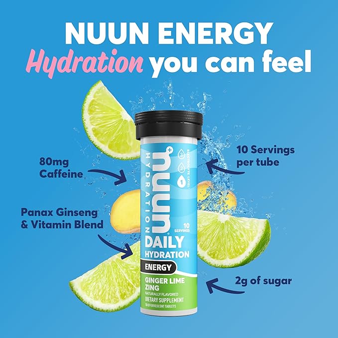 Nuun Energy Electrolyte Tablets with Ginseng, Caffeine from Green Tea Extract, Vitamin B12, B6, B5, Magnesium & 4 Other Electrolytes, Gluten Free & Vegan, Ginger Lime Zing, 8 Pack (80 Servings Total)