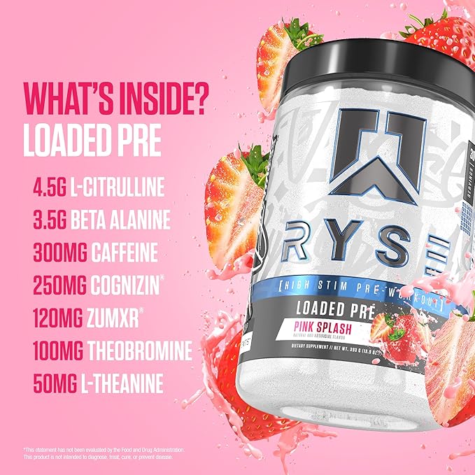 RYSE Loaded Pre Workout Powder - Pink Splash - Daily Pre-Workout for Men & Women with 390mg Caffeine, Beta Alanine, and Citrulline for Pump, Focus, and Energy - 30 Servings