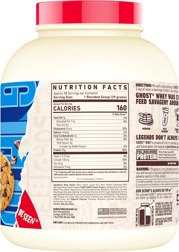 GHOST Whey Protein Powder, Chips Ahoy - 5LB Tub, 25G of Protein - Chocolate Chip Cookie Flavored Isolate, Concentrate & Hydrolyzed Whey Protein Blend