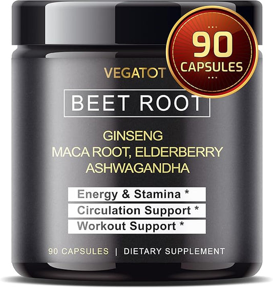 VEGATOT Beet Root *USA Made and Tested* Concentrated with Ginseng Maca Root Ashwagandha - Energy Stamina Immune Support (90 Count (Pack of 1))