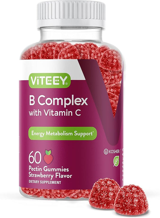 Viteey Vitamin B Complex for Adults with Vitamin C, B6, B12, Niacinamide, Folic Acid, Biotin, Calcium - Supports Energy & Metabolism - Vegan, Gluten Free, Gelatin Free - Chewable Strawberry Flavored