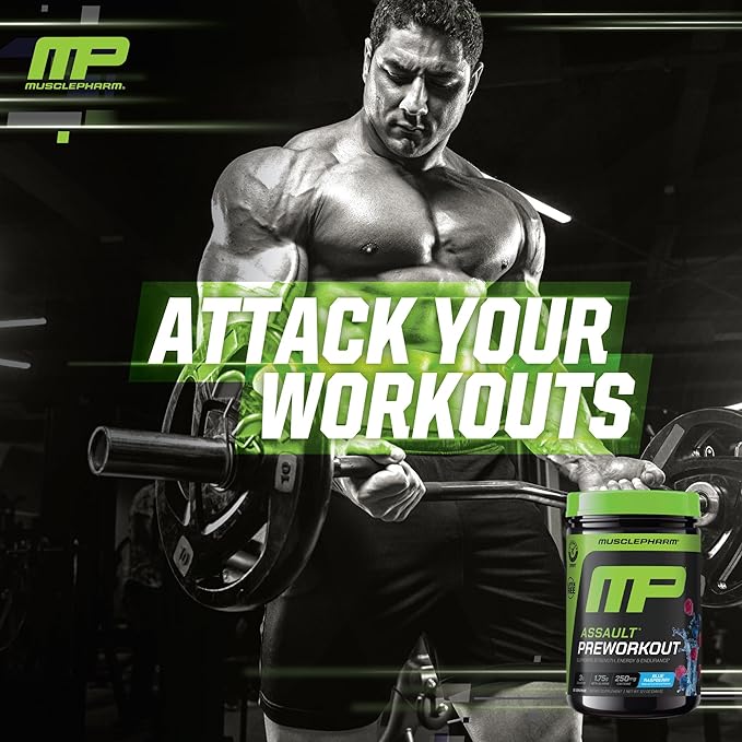 Muscle Pharm Assault Energy & Strength Pre Workout Powder for Men & Women with Beta Alanine, Caffeine, Creatine & Betaine Anhydrous, Pre-Workout Supplements, 30 Servings, Blue Raspberry Flavor