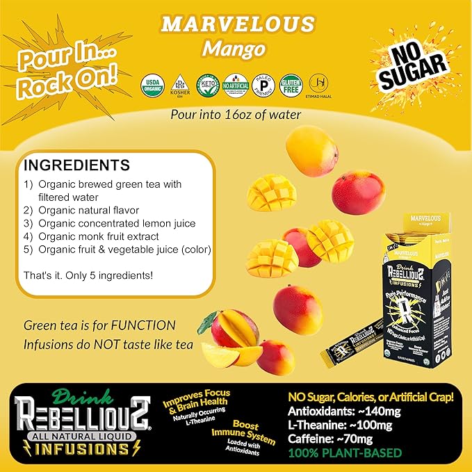 Marvelous Mango Organic Energy Drink Mix – 0 Calories, Sugar Free, Loaded with Antioxidants, L-Theanine, and Natural Caffeine – 10 Count