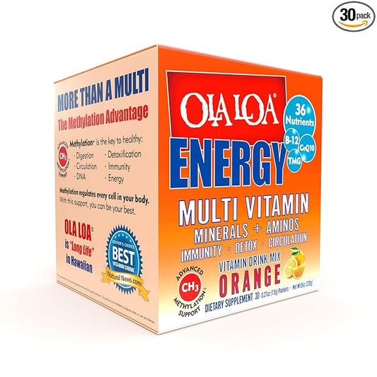 Ola Loa Energy Orange Multi Vitamin Drink Mix - Amino Energy Powder, Gluten Free, Detox, Dairy Free, Caffeine Free - Drink Your Vitamins for the Rigors of Daily Life - 30 Packets (8.25oz)