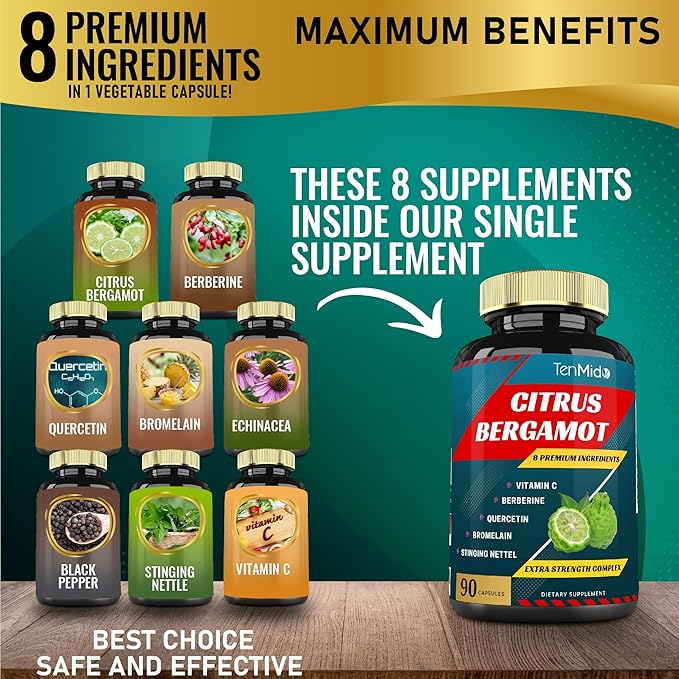 Citrus Bergamot Extract Capsules with VitaminC, Berberine, Quercetin, Bromelain, Echinacea, Black Pepper - 3 Months Supply, 90caps