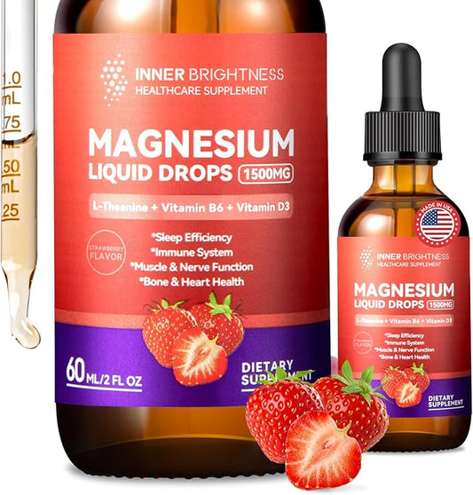 Magnesium Glycinate Liquid Drops 1500mg with Magnesium Citrate & Taurate, L-Theaine, Vitamin D3, B6, Supports Calm, Sleep, Muscle Relaxation, Leg Cramps & Energy, Strawberry Flavor, 60 mL