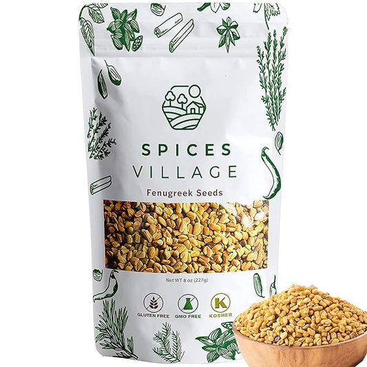 SPICES VILLAGE Fenugreek Seeds, 8 oz, Fenugreek Seeds for Hair Growth, All Natural Dried Indian Methi Seed for Cooking - Kosher Certified, Gluten Free, Resealable Bulk Bag