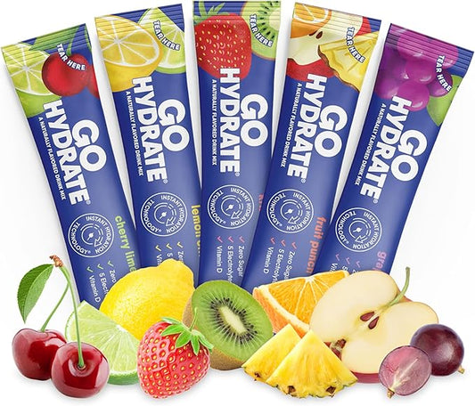 GoHydrate Instant Hydration Powder Packets - Low Sodium Electrolytes Drink Mix - Natural Hydration Support, Sugar Free Electrolyte Flavored Powder Drink with Vitamin D, 10 Packs, Mixed