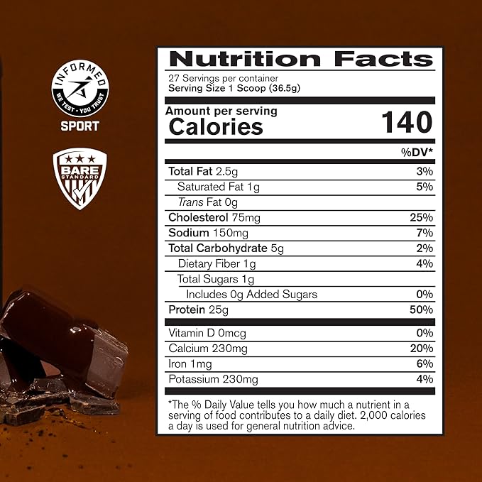 BARE PERFORMANCE NUTRITION, BPN Whey Protein + Casein Protein Powder Blend, Fudge Chocolate, 25g Protein per Serving Supports Lean Muscle Recovery, 27 Servings, Third Party Tested