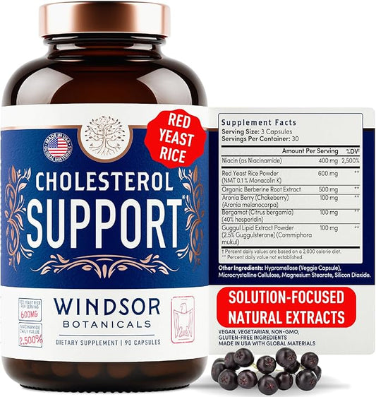 WINDSOR BOTANICALS Cholesterol Supplements - Citrus Bergamot, Niacin, Red Yeast Rice, Berberine, Aronia Berry Extract to Support Normal HDL and LDL Cholesterol Levels - 90 Vegan, Non-GMO Capsules