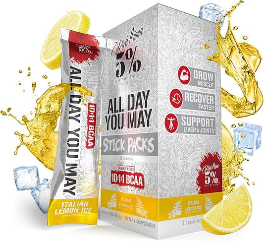 5% Nutrition Rich Piana AllDayYouMay BCAA Powder | 9g of Premium Intra & Post Workout Amino Acids for Hydration, Endurance, Muscle Recovery, Joint & Liver Support (Italian Lemon Ice)