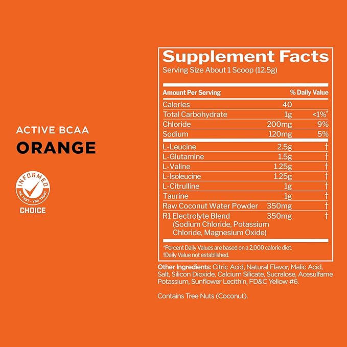 Rule 1 Active BCAA - Performance, Hydration, and Recovery Support with 5g BCAAs + Electrolytes, L-Glutamine, and Citrulline (30 Servings, Orange)