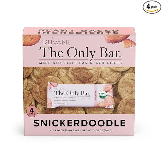 Truvani Plant Based Snack Bars | Snickerdoodle 4 Pack | 5g Protein | USDA Organic and Vegan | The Only Bar | Dairy, Soy, and Gluten Free | Individually Wrapped