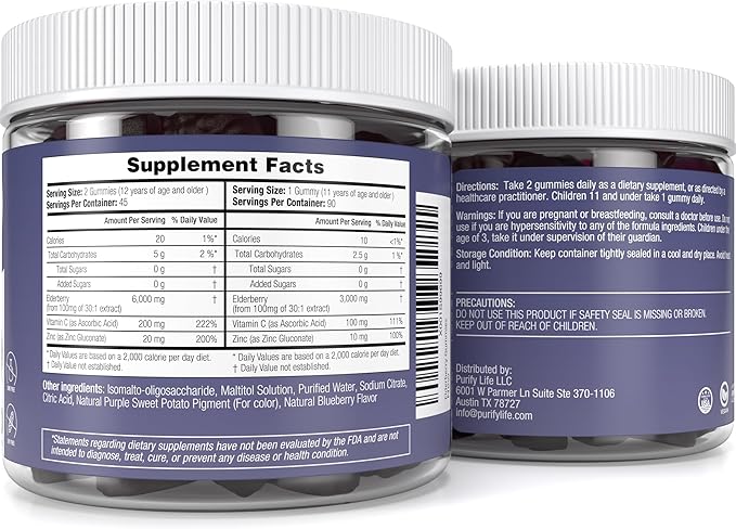 Purify Life Sugar-Free Elderberry Gummies with Vitamin C & Zinc for Adults and Kids, Immune Support Supplement for Respiratory Health, Sambucus Elderberry Antioxidant Gummies - Vegan, 90 Count