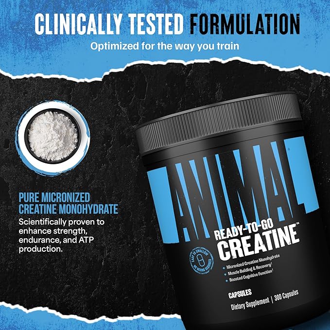 Animal Micronized Creatine Monohydrate Capsules - 300 Caps, 2500mg per Serving to Support Muscle Growth, Endurance, ATP Production, Cognitive Function, Strength, Recovery, and Delay Muscle Fatigue