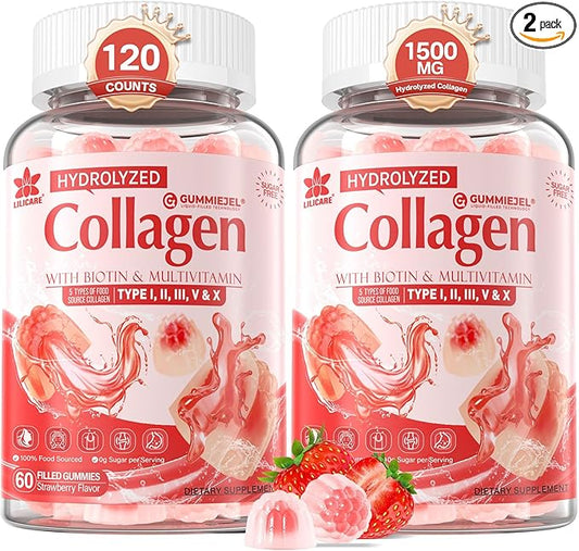 2Pack Sugar-Free Hydrolyzed Collagen Peptide Filled Gummies for Women & Men, with 1500mg Protein Type I,II,III,V,X, 5000mcg Biotin Vitamin C A E D3 B6 B12 for Immune Digestion Skin Hair Nails, Bone