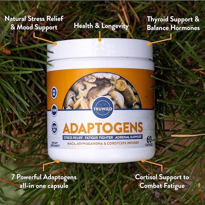 TruWild Adaptogen Blend with Cordyceps Maca Ashwagandha - Full Spectrum Mushroom Blend for Daily Support and Function, All Natural Formula with 7 Key Ingredients, 60 Capsules