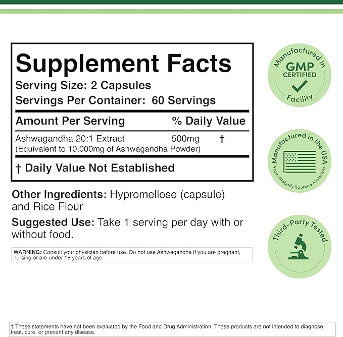 Ashwagandha Capsules, 120 Count (500mg Extract 20:1 Potency) Adaptogen Stress Relief by Double Wood