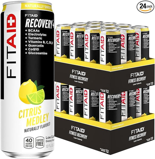FITAID Recovery Blend, 100% Clean and Paleo Friendly, BCAAs, Glucosamine, Electrolyes, L-Glutamine, L-Arginine, Turmeric, Naturally Sweetened, Vegan 12 Fl Oz (Pack of 24)