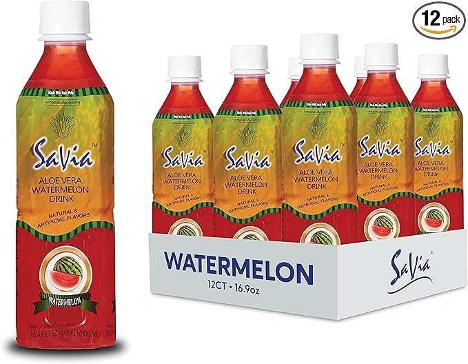 "Savia - Watermelon Aloe Vera Drink, Quality Aloe-Based Beverage, Made with Real Aloe Pulp & Natural, Delicious & Refreshing, Vegetarian, Gluten-Free, Fat-Free (16.9oz, 12-Pack)"