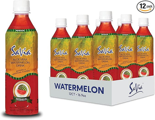 "Savia - Watermelon Aloe Vera Drink, Quality Aloe-Based Beverage, Made with Real Aloe Pulp & Natural, Delicious & Refreshing, Vegetarian, Gluten-Free, Fat-Free (16.9oz, 12-Pack)"
