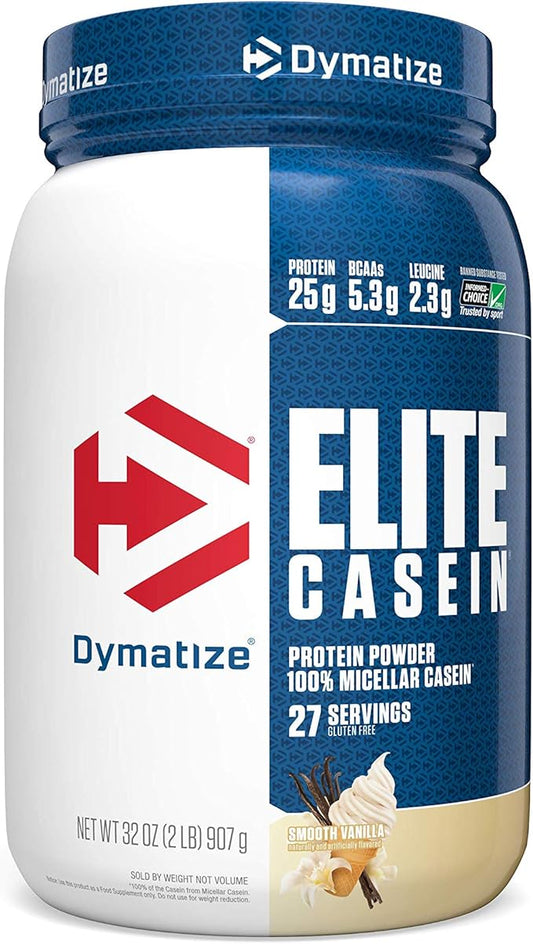 Dymatize Elite Casein Protein Powder, Slow Absorbing with Muscle Building Amino Acids, 100% Micellar Casein, 25g Protein, 5.4g BCAAs & 2.3g Leucine, Helps Overnight Recovery, Smooth Vanilla, 2 Pound