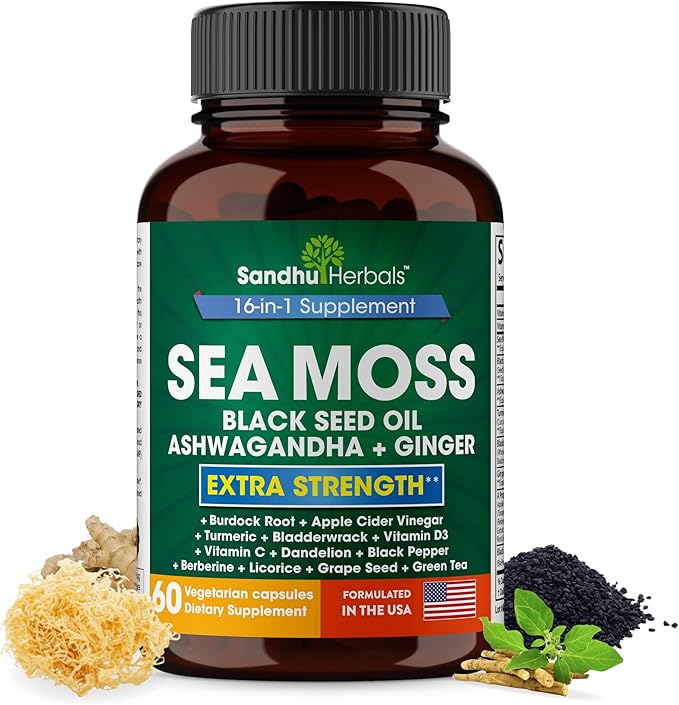 Sandhu Herbals Bundle - Sea Moss, Shilajit, Black Seed Oil, Ashwagandha, Ginger, Rhodiola Rosea, Panax Ginseng, Stinging Nettle