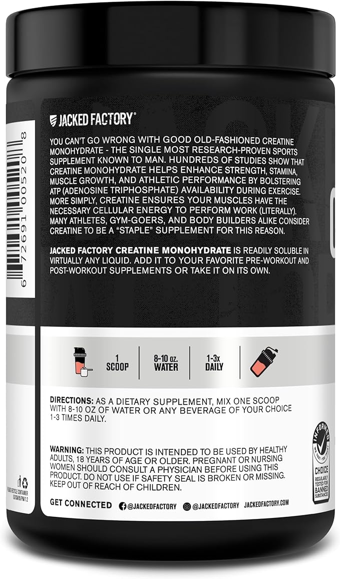 Jacked Factory Flavored Creatine Monohydrate Powder 425g - Creatine Supplement for Muscle Growth, Strength & Performance - 85 Servings, Peach Mango
