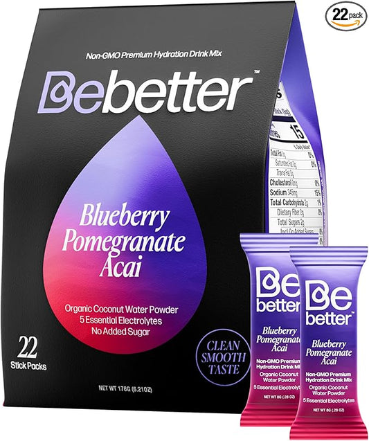 BeBetter Organic Electrolytes Powder Packets | Electrolyte Drink Mix | Organic Coconut Water | No Artificial Flavors | Sugar Free Hydration Packets | Non-GMO | 22 Sticks (Blueberry, Pomegranate, ACAI)