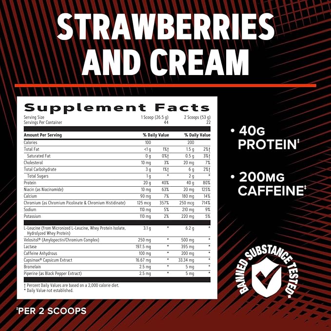 GNC AMP Wheybolic Ripped Protein Powder & Thermogenic Protein Supplement, Muscle Strength & Size, Energy & Endurance, 40g Protein, 6.2g Leucine, 15g EAA, Caffeine, Strawberries and Cream, 22 Servings