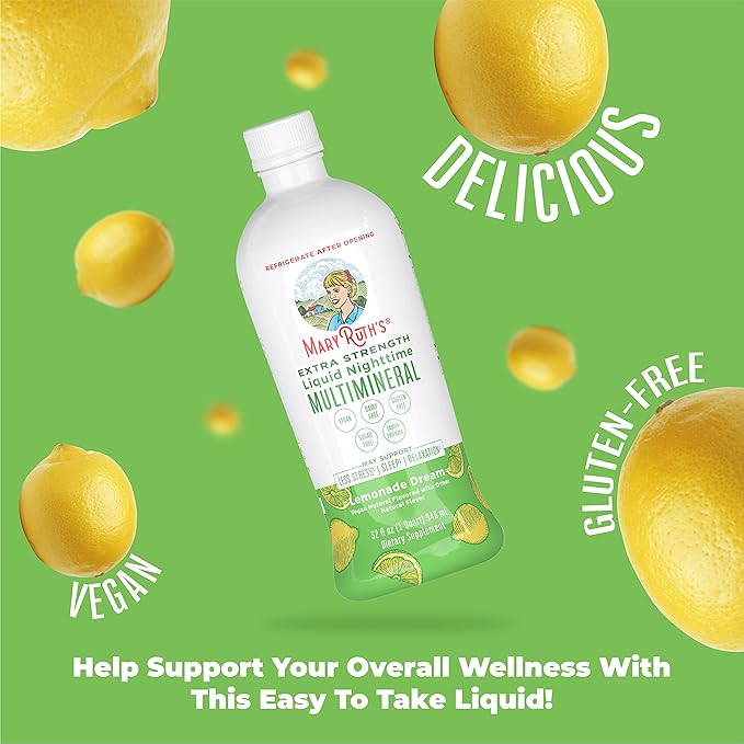 MaryRuth's Extra Strength Nighttime Liquid Multimineral | Sugar Free | Calm Magnesium Citrate | NO Melatonin | Calcium Magnesium Zinc | Muscle Relaxation | Lemonade Flavor | Vegan | 32 Servings