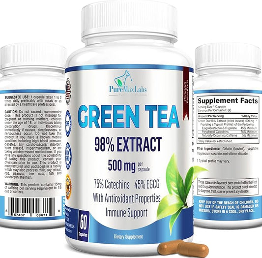 Green Tea Extract 98% - 3X Strength, 75% Polyphenol Catechins, 45% EGCG, Super Antioxidant - 60 Capsules