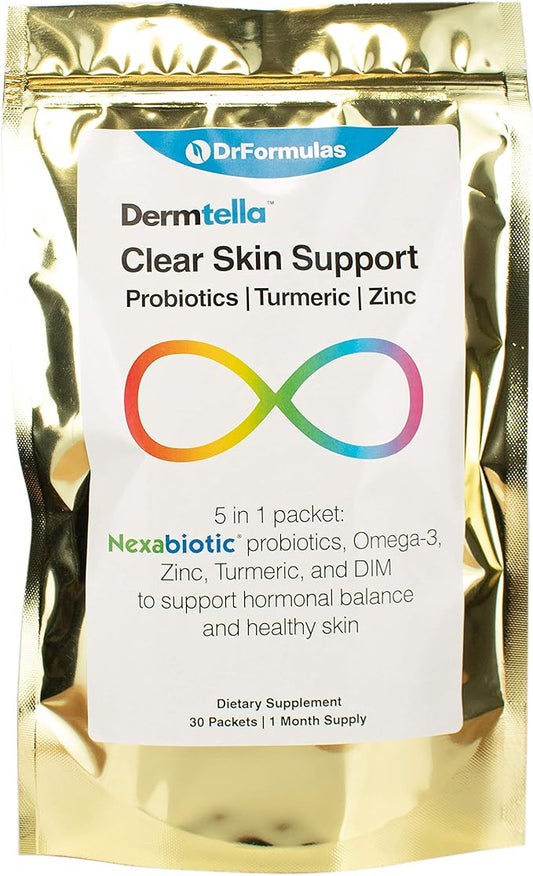 DrFormulas Dermtella Clear Skin Support Packs | Pills with Zinc, Probiotics & DIM | Supplements for Women, Teens & Men with Nexabiotic Probiotics, Turmeric, Fish Oil, 1 Month Supply