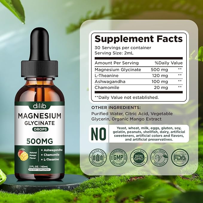 Magnesium Glycinate Supplement, Magnesium Liquid Drops with Magnesium Glycinate 500mg Ashwagandha, L - Theanine, Chamomile -Support Stress Relief, Bone, Muscle, Mood Vegan Natural Mango Flavor 2 Pack