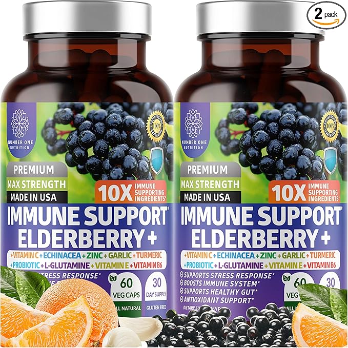 2 Pack N1N Premium 10 in 1 Immune Support Supplement [10 Potent Ingredients] with Elderberry, Vitamin C, Zinc, Echinacea, Turmeric Curcumin, Garlic and Probiotics for Adults, 120 Veg Caps
