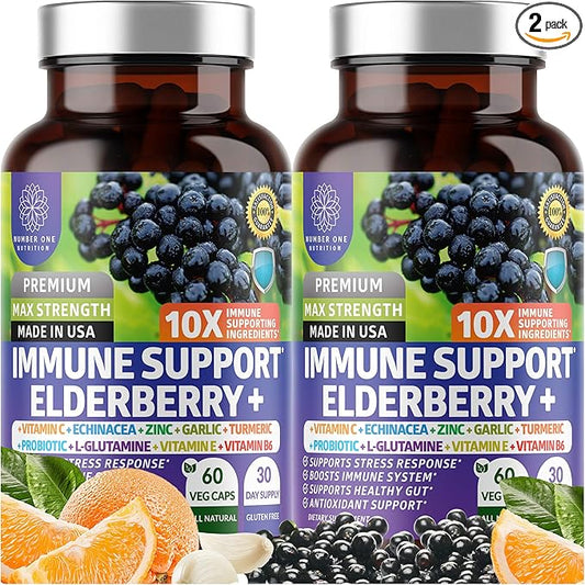 2 Pack N1N Premium 10 in 1 Immune Support Supplement [10 Potent Ingredients] with Elderberry, Vitamin C, Zinc, Echinacea, Turmeric Curcumin, Garlic and Probiotics for Adults, 120 Veg Caps