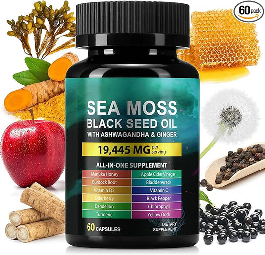 Sea Moss 3000mg Black Seed Oil Capsules 2000mg Ashwagandha Supplements 1000mg Bladderwrack Turmeric Burdock & Vitamin C & D3 Manuk Honey Dandelion Yellow Dock Chlorophyll ACV