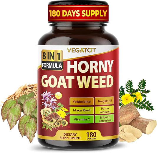 VEGATOT 8 in 1 High Strength Horny Goat Weed Concentrated with Yohimbine Tongkat Ali Maca Root Fenugreek Boost Energy Stamina 3-Month Supply (90 Count (Pack of 1))