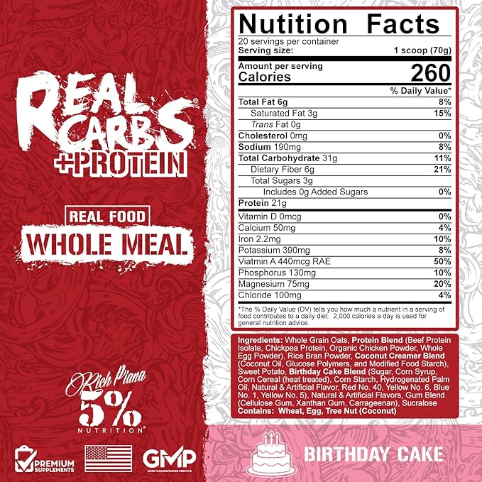 5% Nutrition Rich Piana Real Carbs + Protein | Clean Mass Gainer Meal Replacement Protein Powder | Carbohydrate for Pre Workout/Post-Workout Recovery Meal | 3 lb, 20 Srvgs (Birthday Cake + Protein)