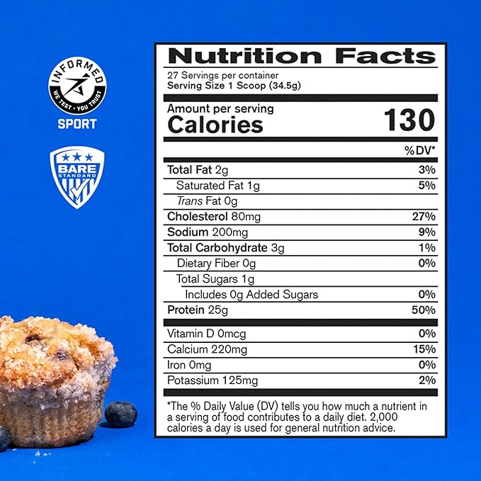 BARE PERFORMANCE NUTRITION, BPN Whey Protein + Casein Protein Powder Blend, Blueberry Muffin, 25g Protein per Serving Supports Lean Muscle Recovery, 27 Servings, Third Party Tested