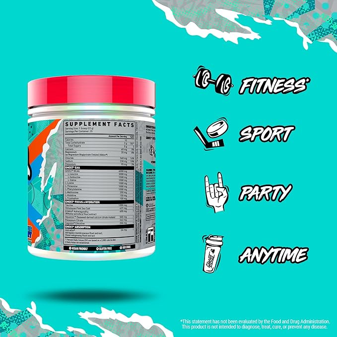GHOST Intra Workout Powder, Blue Raspberry - BCAAs, & EAAs, Nootropics & Hydration - Essential & Branch Chain Amino Acids, Supports Muscle Recovery & Focus - Pre, Intra & Post Workout Powders