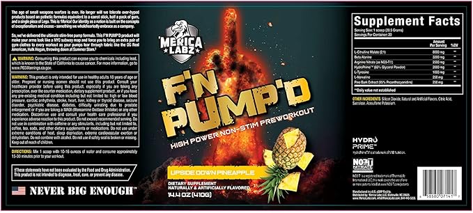 'Merica Labz F'N Pump'D Stimulant Free, Nitric Oxide,Fully Dosed, Pump PreWorkout Powder (20 Servings) (Upside Down Pineapple)