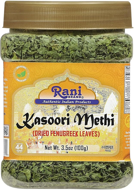 Rani Fenugreek Leaves Dried (Kasoori Methi) 3.5oz (100g) PET Jar ~ All Natural | Vegan | Gluten Friendly | NON-GMO | Kosher | Indian Origin